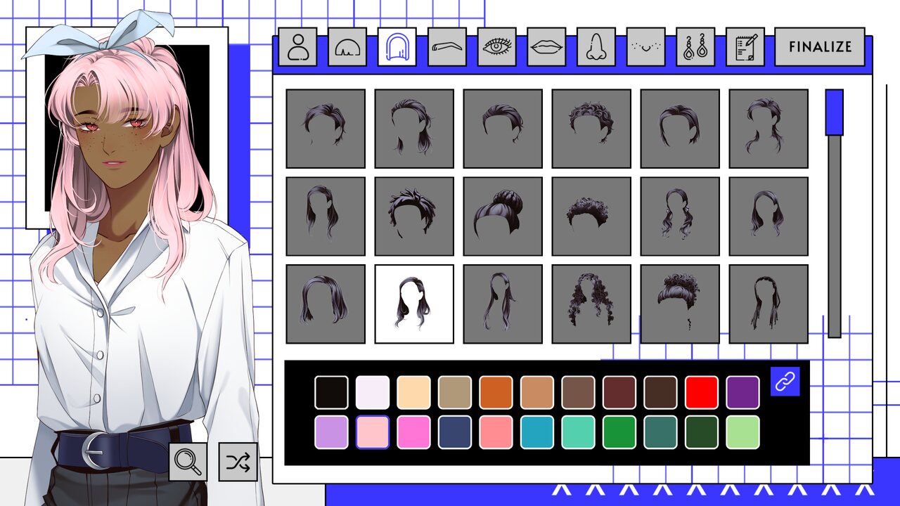 Character creator with hairstyle choices and color options.